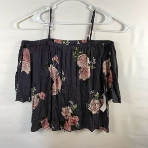 Off shoulder floral charcoal gray top Sz. L NWT